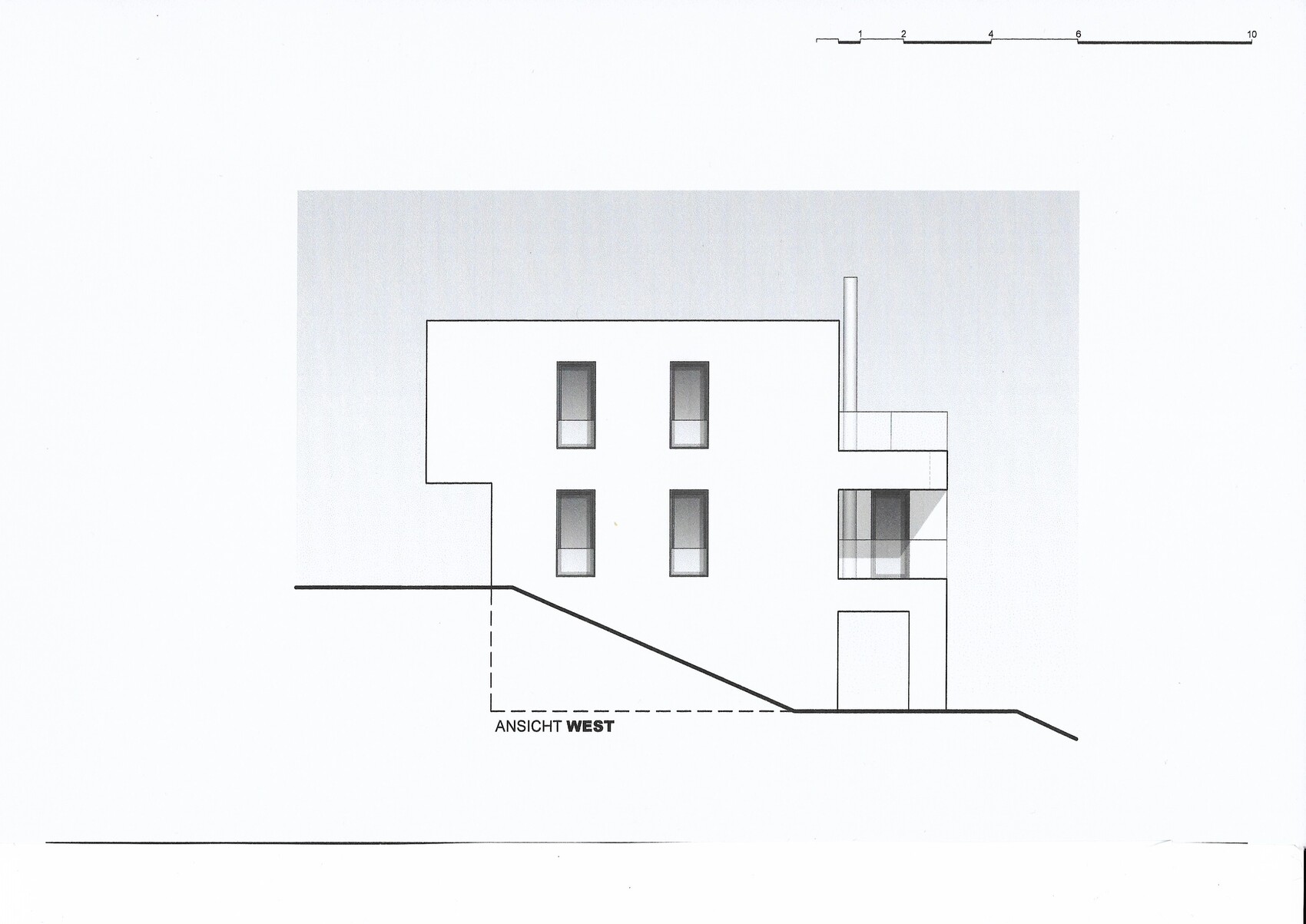 Ansicht West eines modernen Mehrfamilienhauses mit Fensterreihen und Balkonanbau an der rechten Seite.