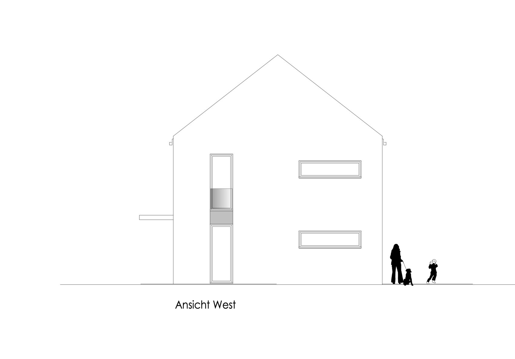 Westansicht eines zweistöckigen Hauses mit Tür links und Fenstern rechts; Silhouetten am Rand.