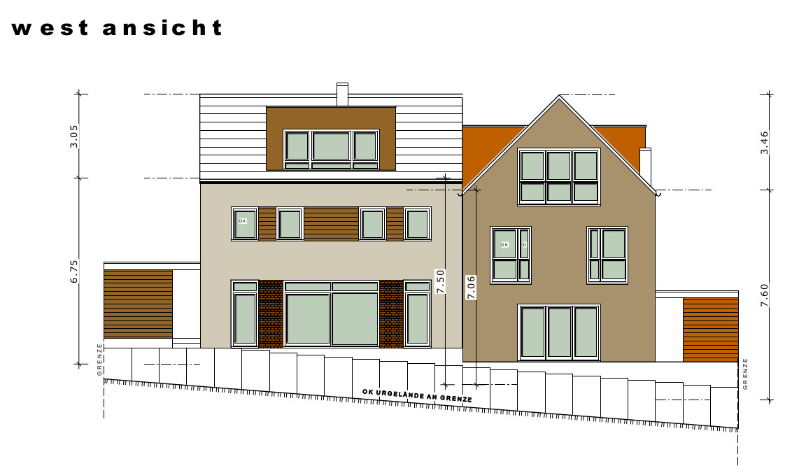 Westansicht eines modernen Mehrfamilienhauses als Bauzeichnung mit braunen Fassaden und großen Fenstern.