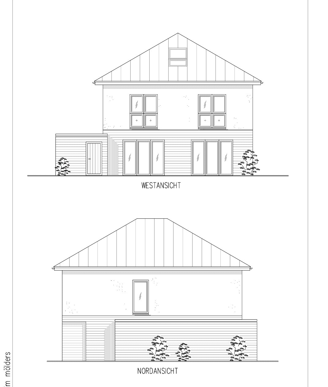 West- und Nordansicht eines zweistöckigen Hauses mit Satteldach, Fenstern.