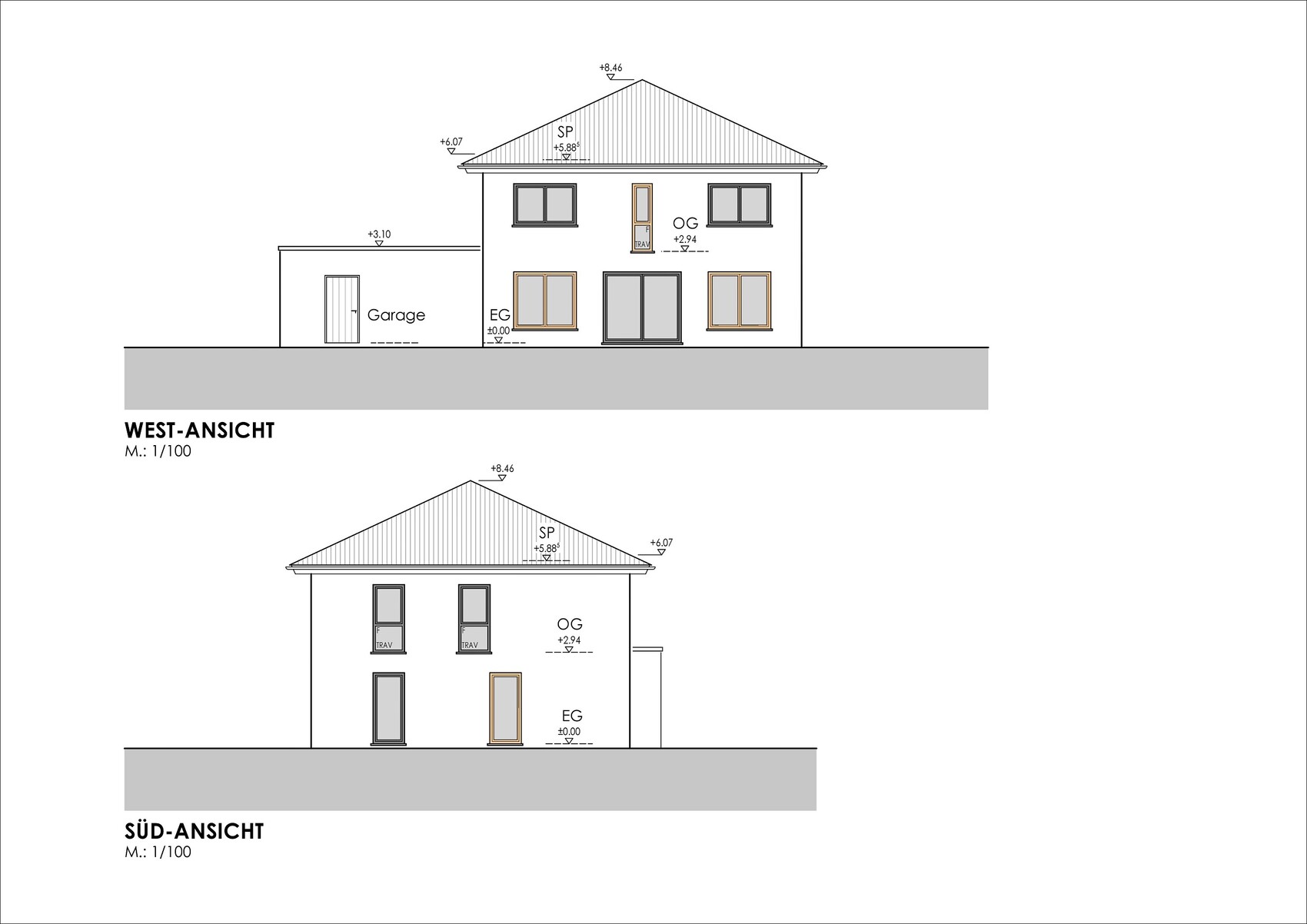 West- und Südansicht eines Hauses mit Garage, Fenstern, Türen und geneigtem Dach.