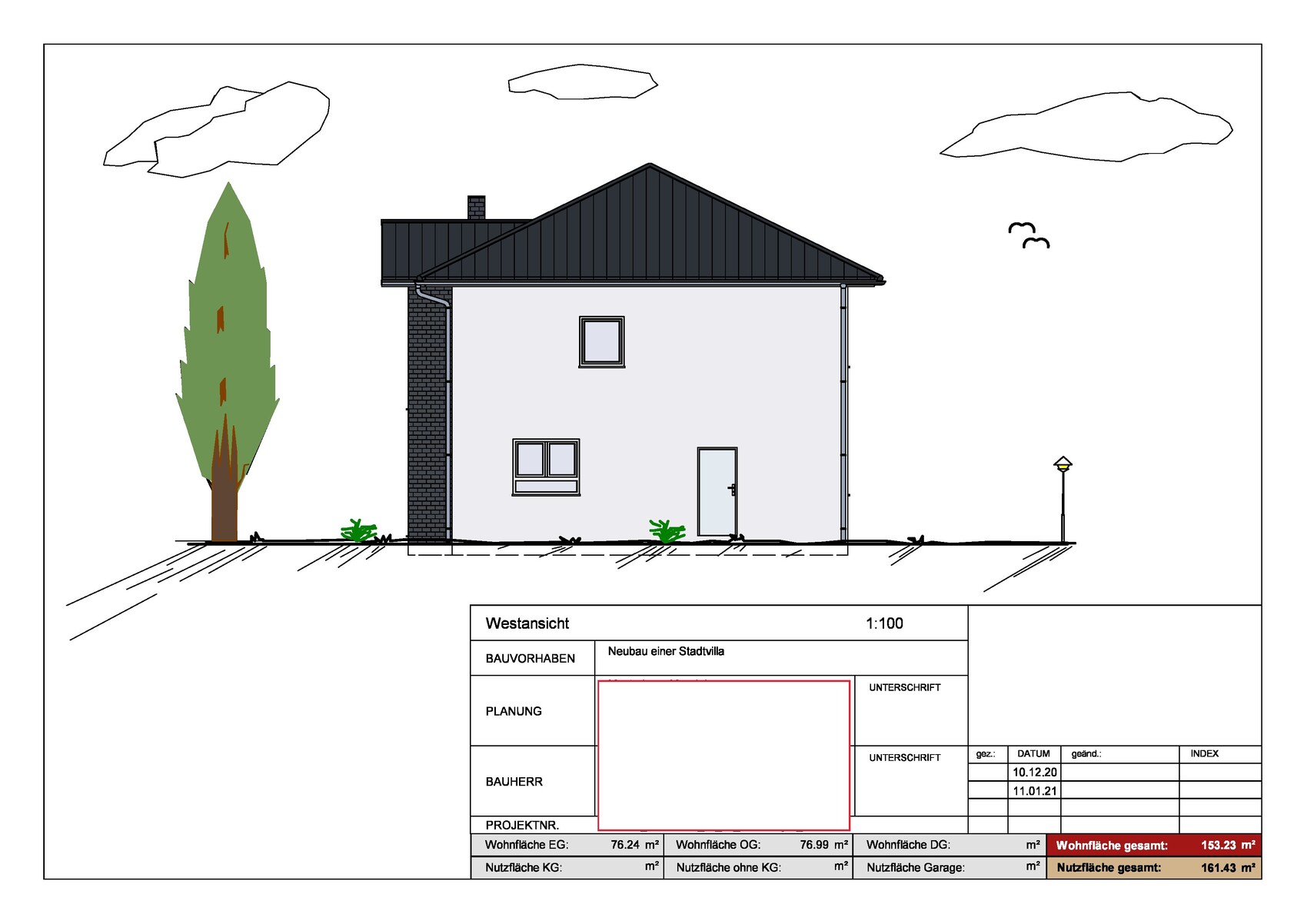 Westansicht: zweigeschossiges Haus mit grauer Fassade, schwarzem Dach, Baum links, Laterne rechts.