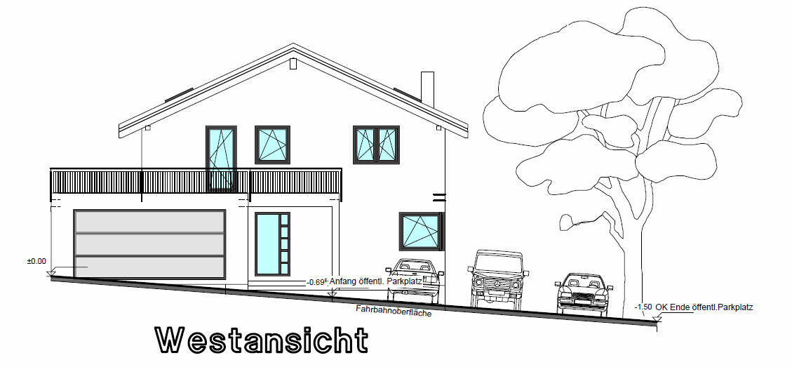 Westansicht eines Hauses mit Garage, Zufahrt, Autos und Baum