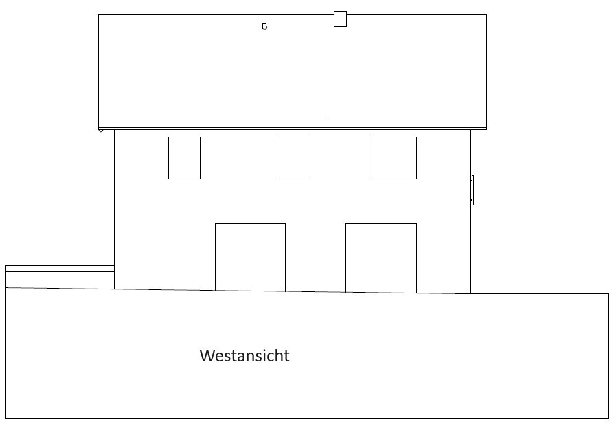 Westansicht eines zweistöckigen Hauses mit Dach, drei Fenster im Obergeschoss und zwei Türen.
