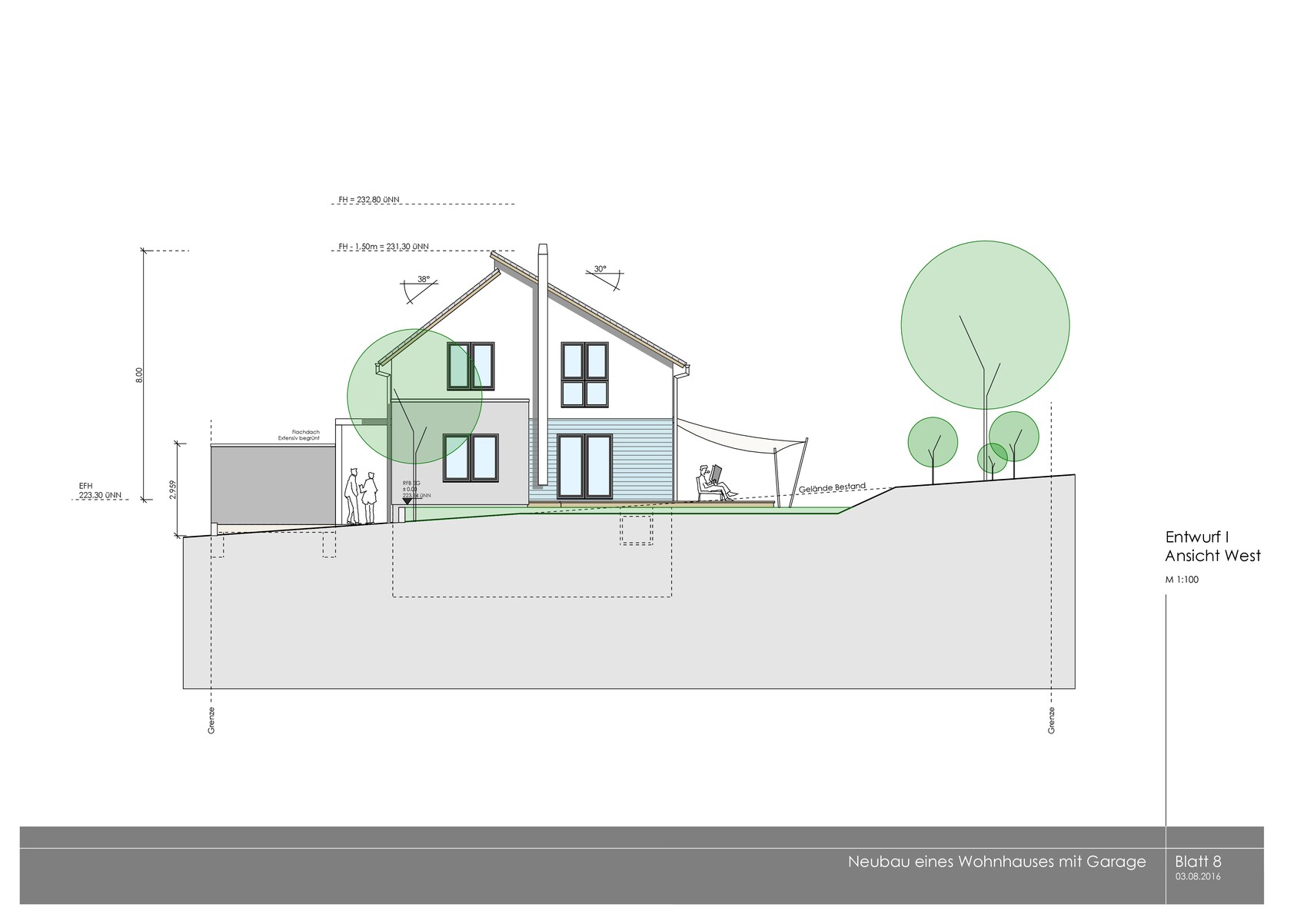 Westansicht eines Wohnhauses mit Garage auf Geländestufe, Bäume und Skizzen im Plan.
