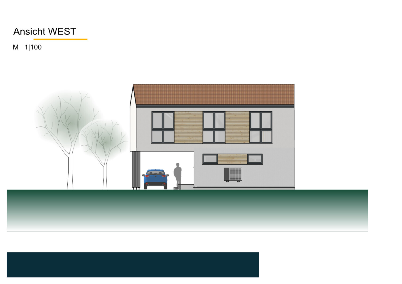 Westansicht eines zweigeschossigen Hauses mit Carport und Holzverkleidung