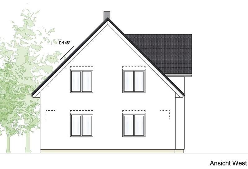 Westansicht eines weißen Einfamilienhauses mit dunkelgrauem Satteldach, Fenstern und Baum links.
