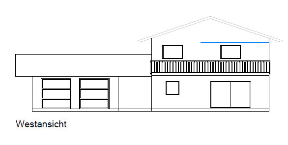 Westansicht eines zweigeschossigen Einfamilienhauses mit Doppelgarage und Balkon