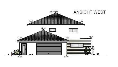 Ansicht West eines zweigeschossigen Hauses mit Garage, Fenster, Garten und Person.