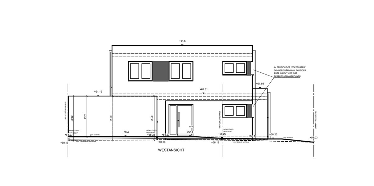 Westansicht eines zweigeschossigen Hauses als Architekten-Entwurfszeichnung mit Fenstern und Eingangstür.