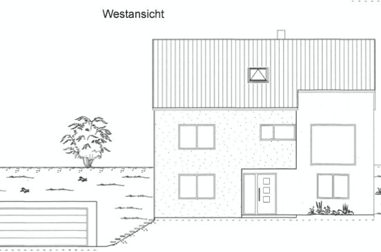 Westansicht eines modernen zweistöckigen Hauses mit Anbau rechts, Garage links und Baum.