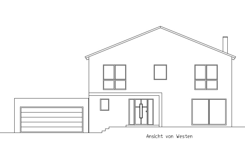 Zweigeschossiges Haus mit Garage links, Treppen zur Tür, Fenster, Schornstein – Westansicht.