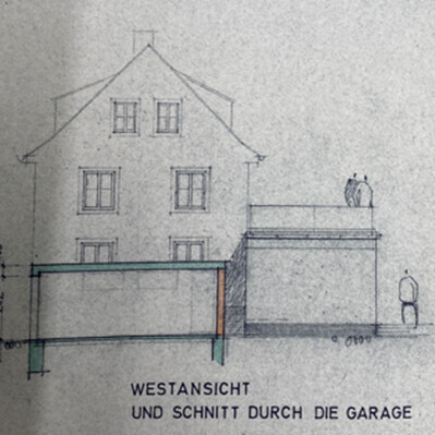 Architektenzeichnung: Westansicht und Garagen-Schnitt eines Hauses