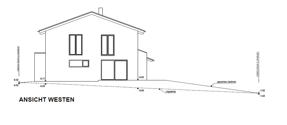 ANSICHT WESTEN: Zweistöckiges Haus mit Satteldach, Fensterfronten und Tür; Gelände-Linien.