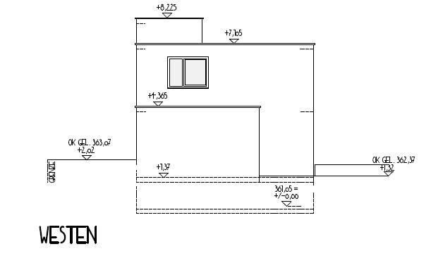 Westansicht eines Hauses mit Fenster, Dachkante und Maßlinien.