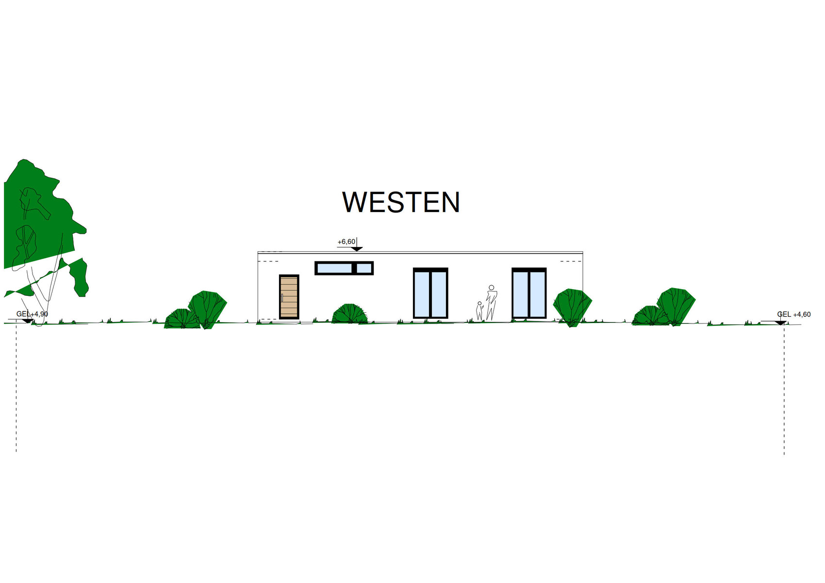 Westansicht eines flachen Einfamilienhauses mit Tür links, großen Fenstern und Sträuchern.