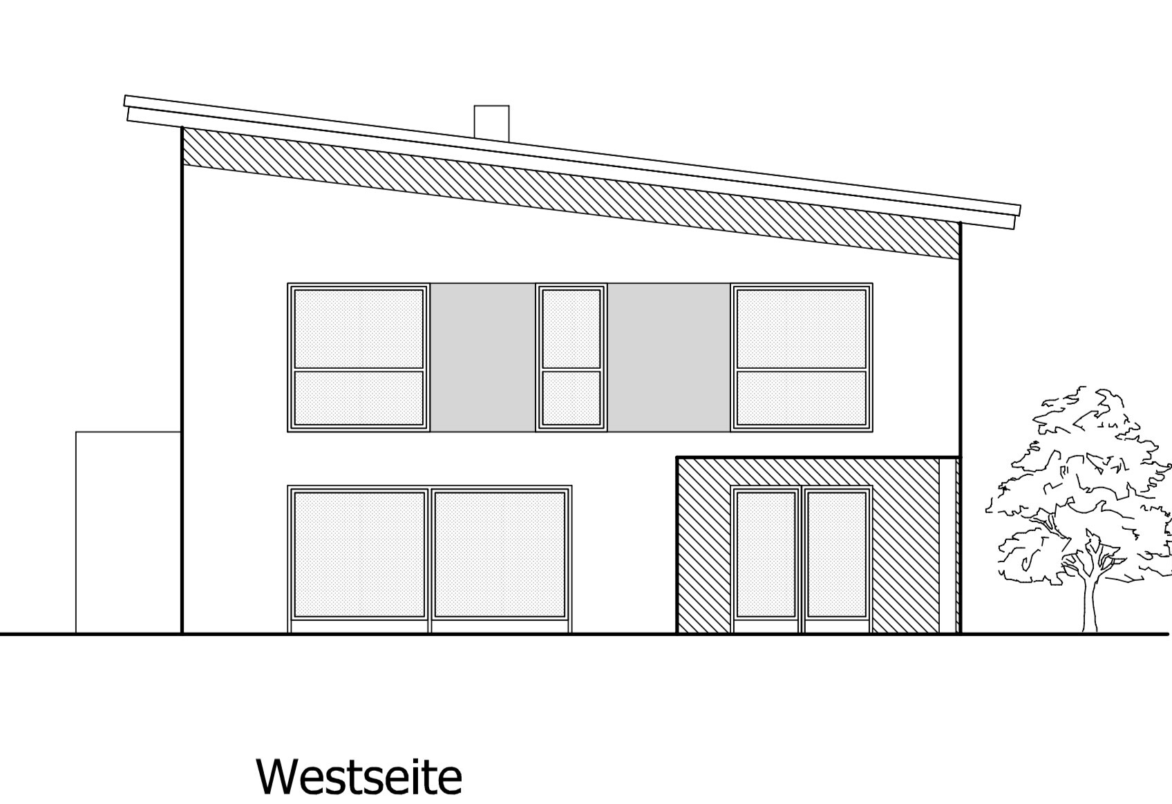 Moderne zweigeschossige Fassade mit schrägem Dach, großen Fenstern und Eingang rechts.
