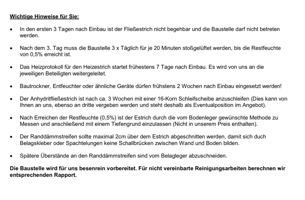 Dokument mit Bauhinweisen: Estrich, Trocknung, Feuchtigkeit, Randdämmstreifen.