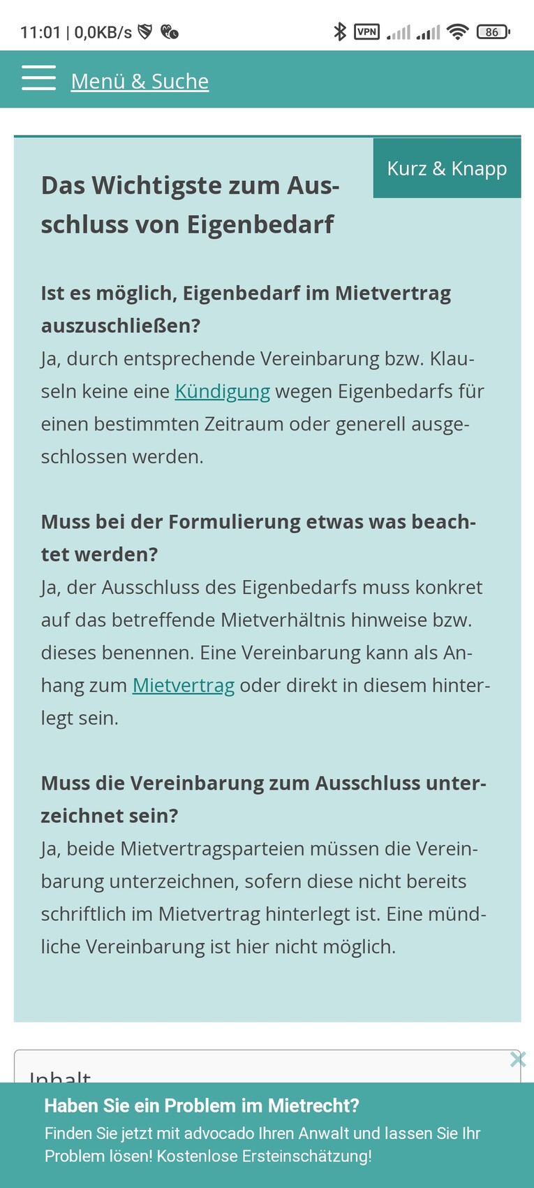 Screenshot einer Webseite mit dem Thema Ausschluss von Eigenbedarf im Mietrecht