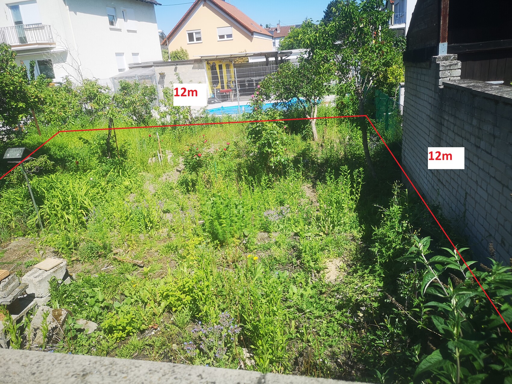 Garten mit Unkraut; rote Linien markieren eine 12 m lange Fläche, rechte Ziegelmauer.