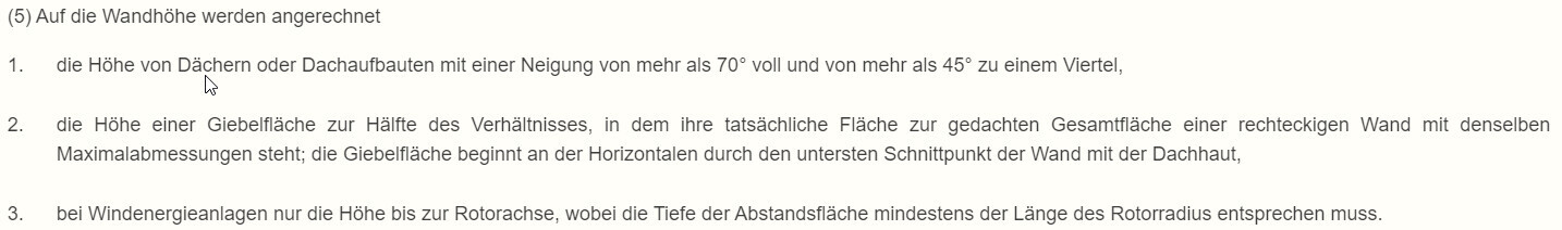 Dokument mit Regeln zur Wandhöhe, Dachaufbau und Windenergieanlagen.