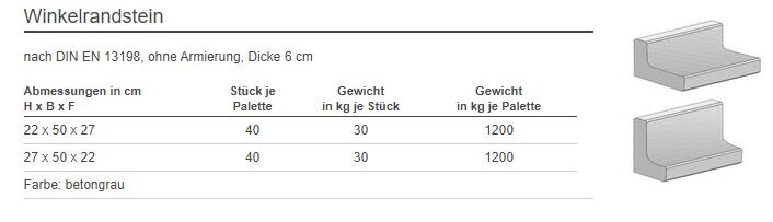 Winkelrandstein aus Beton, Betongrau, zwei Profilansichten und Abmessungen.