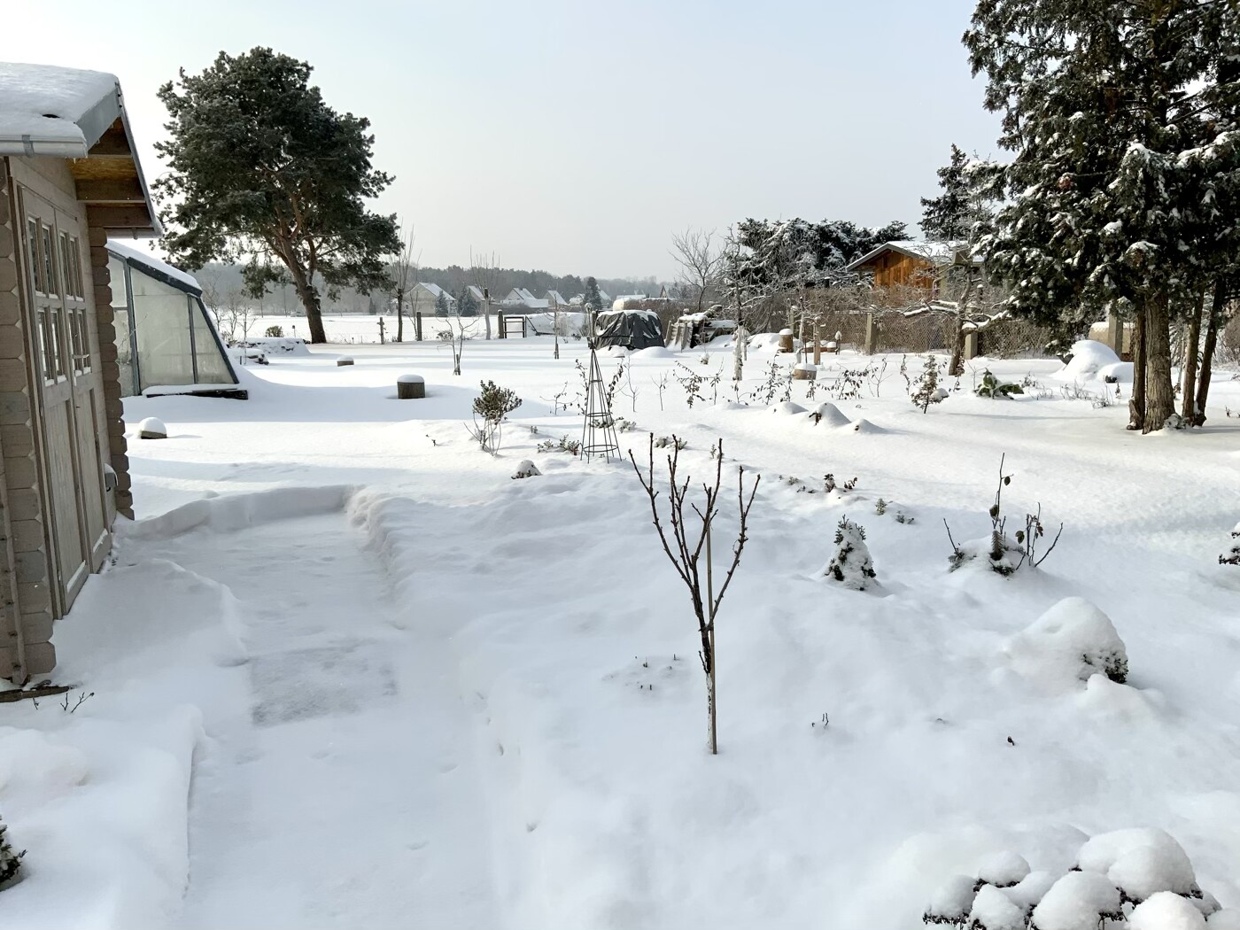 Schneebedeckter Garten; links steht ein Haus, Gewächshaus und Bäume im Hintergrund.
