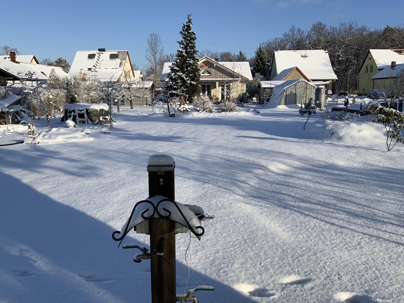 Verschneiter Garten vor einer Häuserreihe; Dachbedeckte Häuser, Gewächshaus rechts.