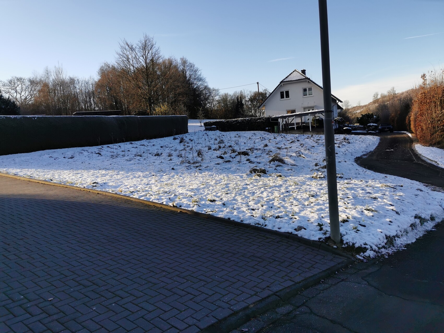 Winterlicher Vorgarten mit verschneitem Gras, Straße und Haus im Hintergrund, Bäume umgeben die Szene