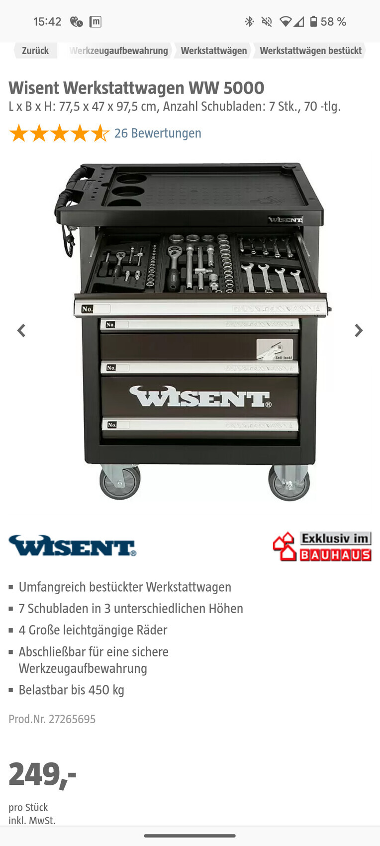 Wisent-Werkzeugwagen WW 5000 mit offenem Deckel und Schubladen auf Rädern