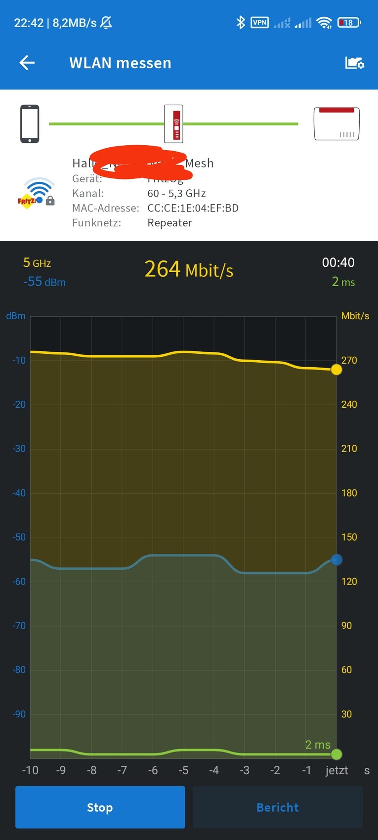 Screenshot einer WLAN-Mess-App zeigt Routerdaten und Bandbreite.