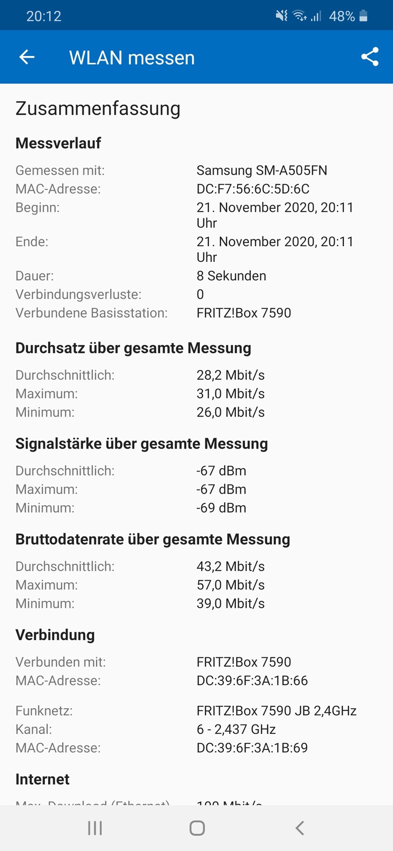 WLAN-Messbildschirm mit Zusammenfassung und Messverlauf (Samsung SM-A505FN, FRITZ!Box 7590).