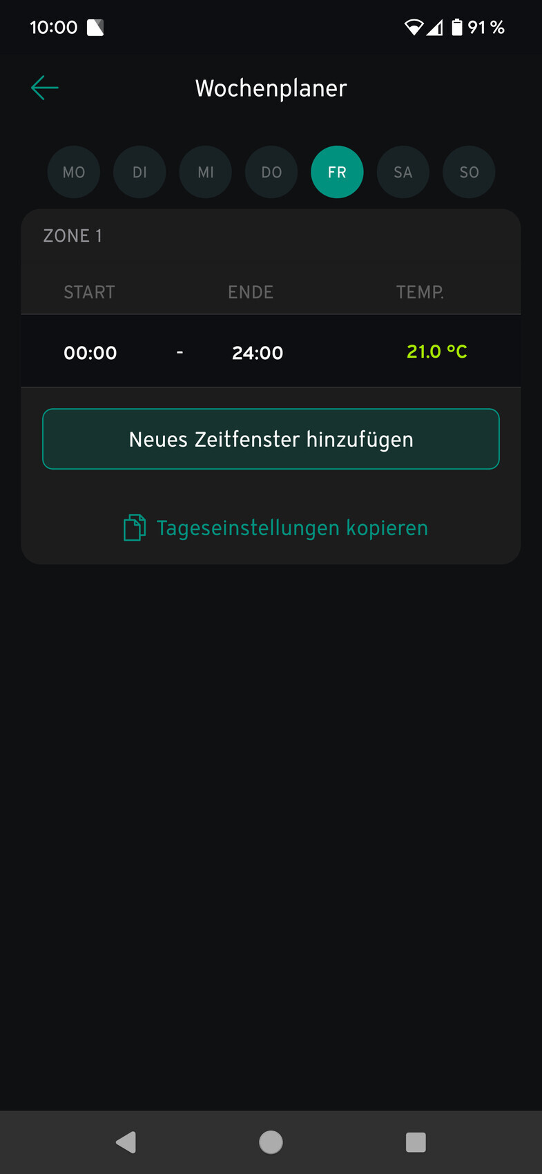 Bildschirm der Wochenplaner-App: FR-Tag markiert, Zone 1 mit Zeitfenster-Eingabe und 21.0°C.