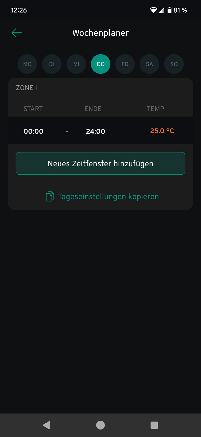 Wochenplaner: DO, Zeitfenster 00:00–24:00, 25°C, Button Neues Zeitfenster hinzufügen.