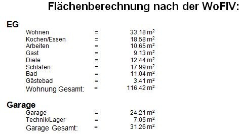 Flächenberechnung nach WoFiV: Wohnflächenverteilung (EG) und Garage