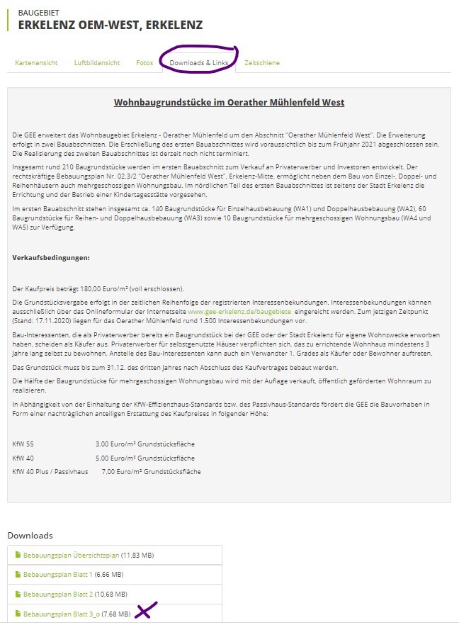 Screenshot einer kommunalen Planungsseite mit Downloads & Links zu Wohnbaugrundstücken West.