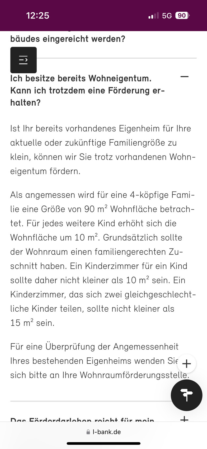Mobile Screenshot einer Webseite mit Text zur Förderung bei vorhandenem Wohneigentum