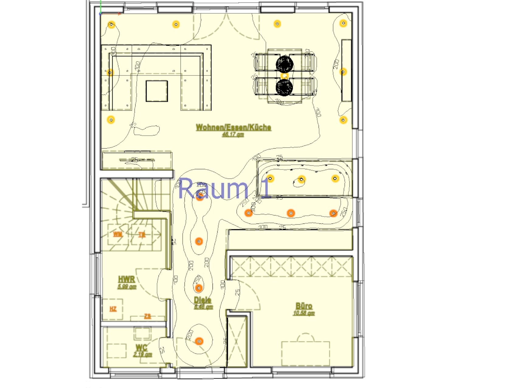 Offener Grundriss: Wohnen/Essen/Küche, Büro, Diele, HWR, WC.