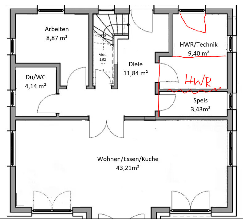 Grundriss Erdgeschoss: offener Wohn-/Ess-/Küchenbereich, Diele, Arbeitszimmer, Dusche/WC, HWR, Speis