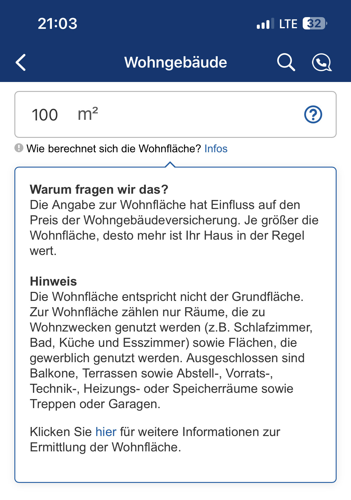 Mobile App-Bildschirm: Wohngebäude, 100 m² Eingabefeld und Info-Text zur Wohnfläche.