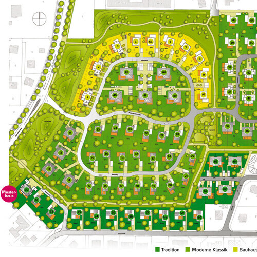 Lageplan eines Wohngebiets mit Gärten, Wegen, Gebäuden und Musterhaus.