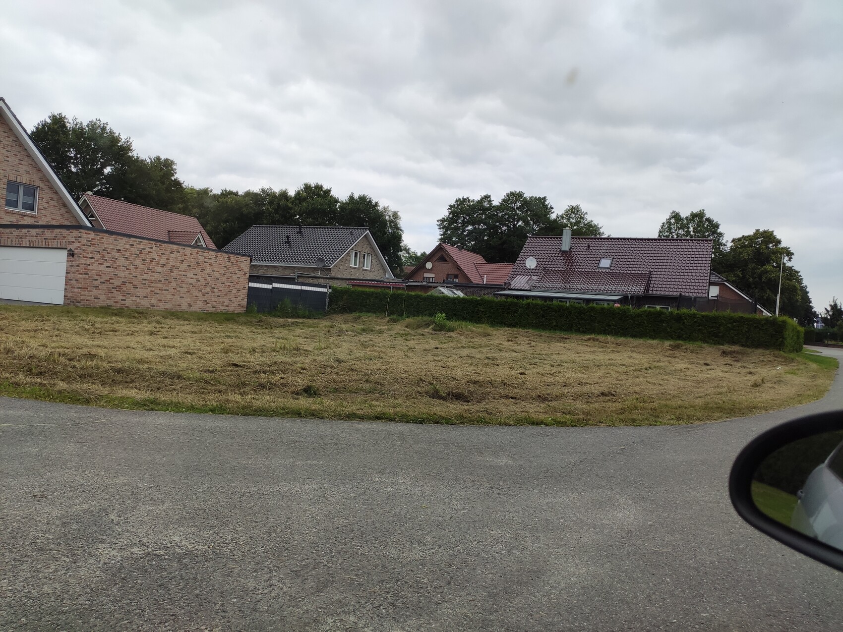 Wohnsiedlung mit Einfamilienhäusern, brachliegendem Grasfeld im Vordergrund, kurvige Straße rechts.