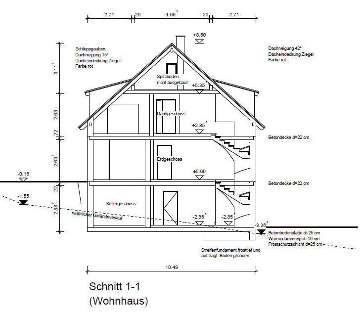 Querschnitt durch ein Wohnhaus mit mehreren Stockwerken, Treppen, Dachstuhl und Keller