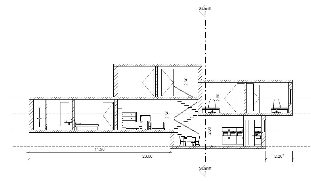 Architektonischer Längsschnitt eines Hauses: Schlafzimmer, Küche, Treppe und Bäder.