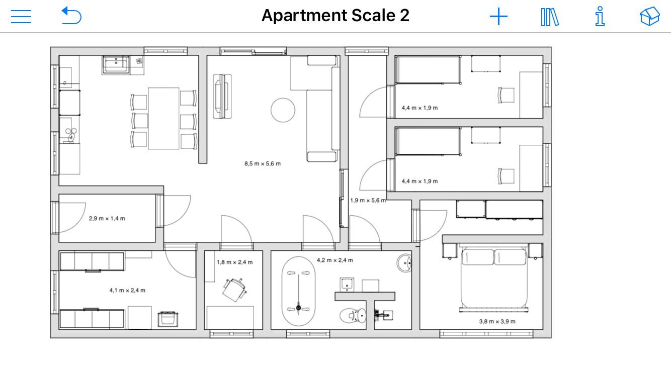 Grundriss eines Apartments: Wohnzimmer, Küche, Essbereich, Schlafzimmer, Bad und Flur.