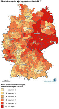 Karte Deutschlands 2017 der Wohnungsleerstände, regional farblich codiert