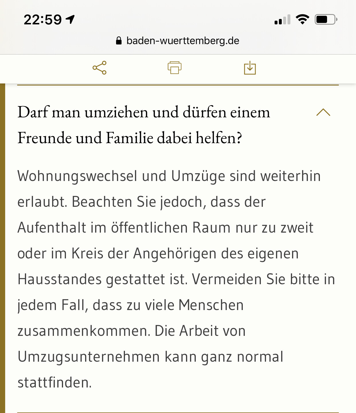 Screenshot einer Webseite mit Frage zu Umzügen: Umzug nur zu zweit oder mit Angehörigen des Haushalts.