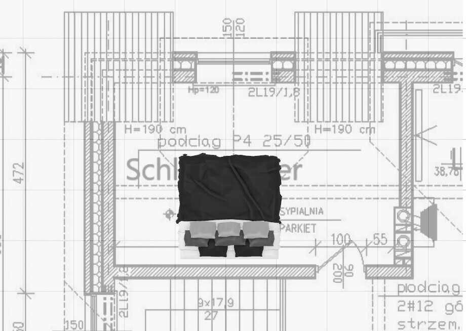 Ein Bett mit schwarzer Decke auf Bauplan-Grundriss eines Schlafzimmers