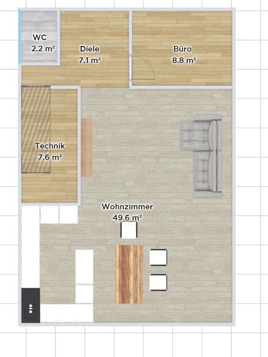 Grundriss eines Wohnbereichs mit Wohnzimmer, Diele, Büro, Technikraum und WC.