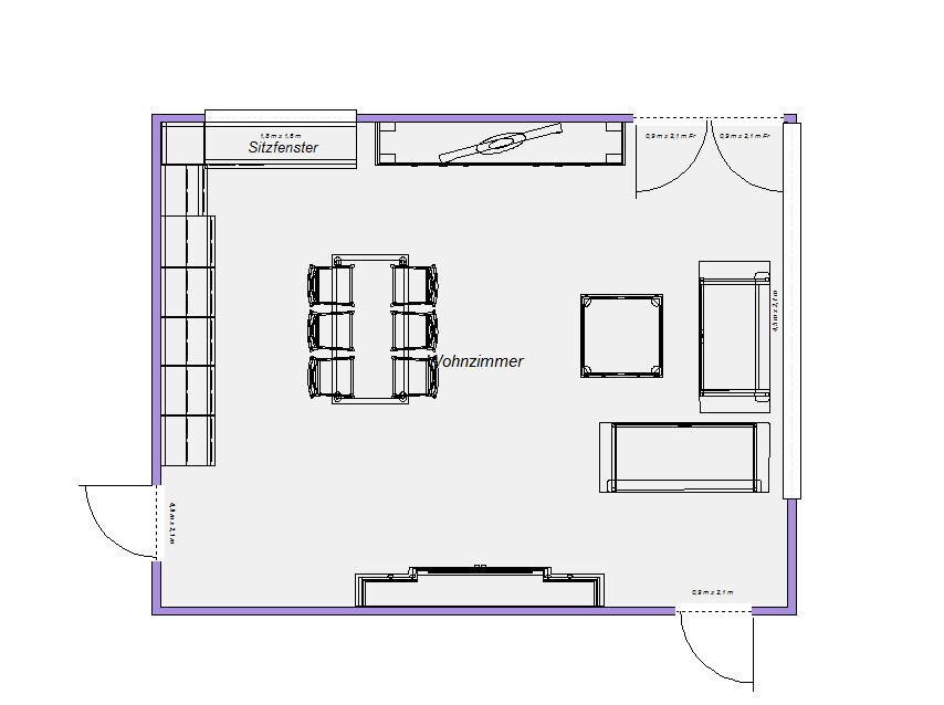 Offener wohnzimmer Grundriss mit Esstisch, Sofa und Couchtisch im 2D Plan